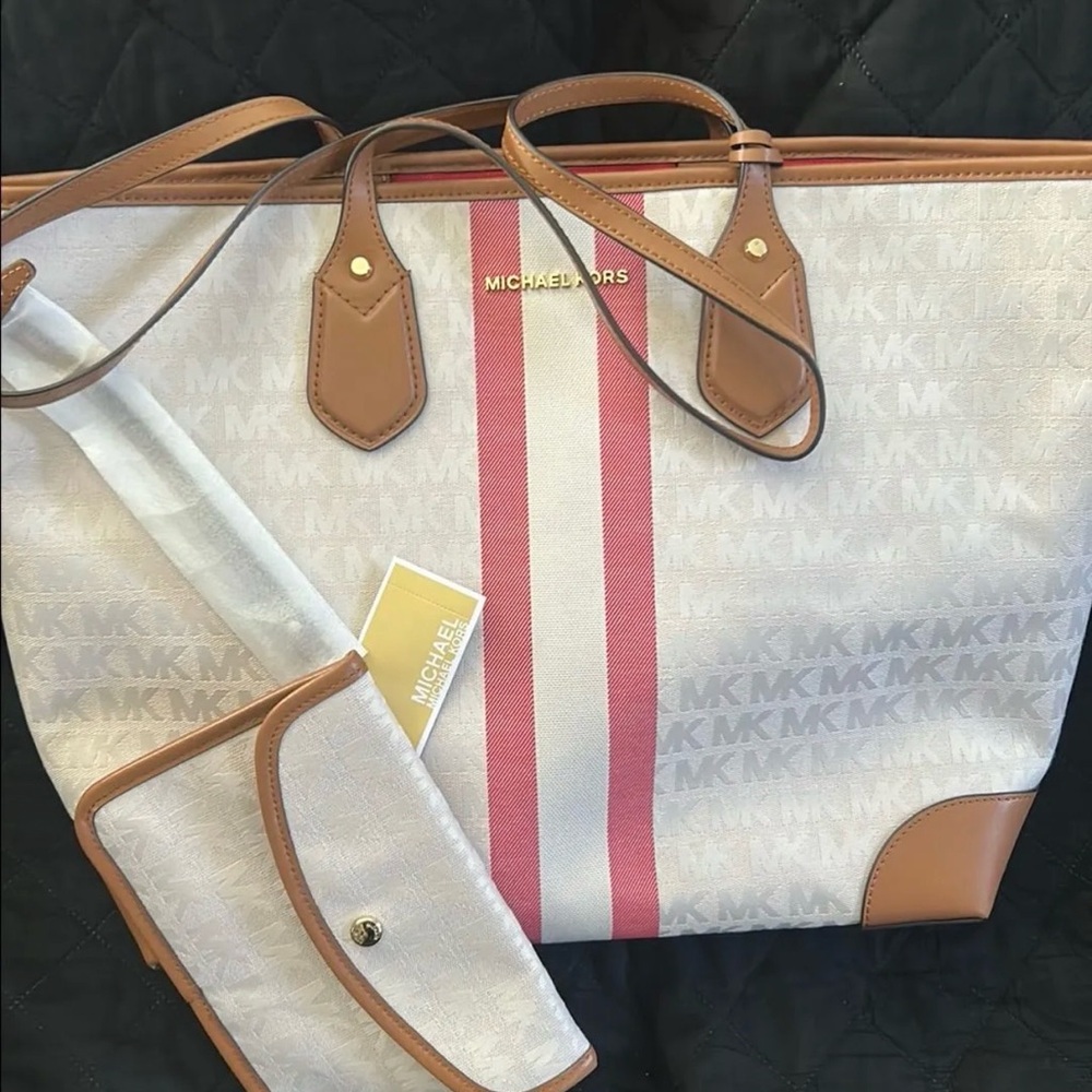 Michael Kors Cream Tote with Pink Stripe and Tan Trim w/ dust bag
